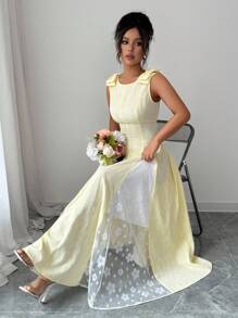 Selianne Women's Buttercream Sleeveless Lemon Yellow Dress With Bow,Elegant Lace Splice White And Yellow,Summer,Elegant,Tea Party Dress For Independence Day - Yellow - View 6