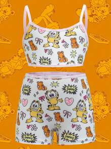 GARFIELD | SHEIN 4件套少女卡通图案吊带背心和短裤内衣套装 - 淺粉色 - 查看 4