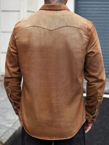 Manfinity Homme 男士休闲街头风格贴袋防皱防污棕色牛仔衬衫，秋季 - 棕色 - 查看 3