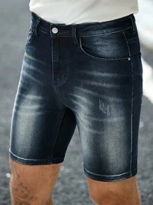 Manfinity Homme Men's Casual Washed Angled Pockets Skinny Denim Shorts, Summer - Dark Wash - View 3
