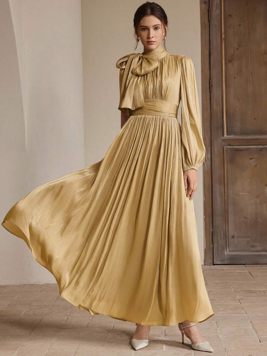 Anewsta Đầm dài nữ xuân/thu, xếp ly eo, bóng bẩy, thanh lịch và đa năng - trái cam - Xem 1