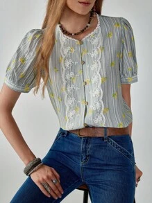 Florisole Áo sơ mi nữ tay ngắn in họa tiết sọc Áo sơ mi nữ ren tương phản thời trang đa năng - trắng - Xem 4