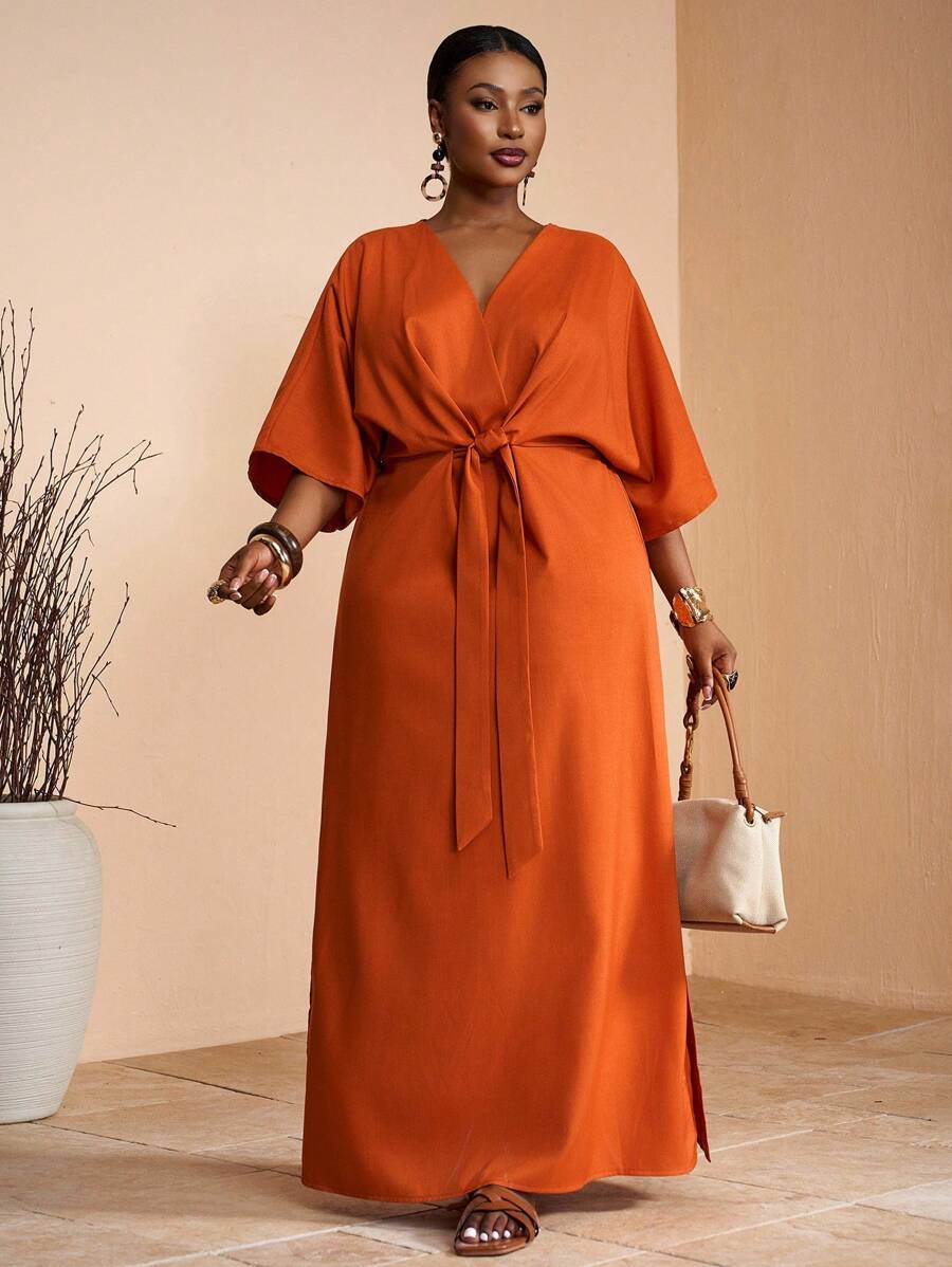 Veslaya Đầm maxi cỡ lớn Xuân/Hè mới về, thích hợp cho kỳ nghỉ, đi nghỉ mát, đi dự tiệc và mặc hàng ngày. Đầm ôm dáng, màu kaki trơn, cổ chữ V, tay áo trễ vai, thắt eo, xẻ tà, chất liệu vải dệt họa tiết. Đầm maxi cỡ lớn màu cam, đầm cỡ lớn màu cam cháy, đầm quấn cỡ lớn. - màu nâu - Xem 1