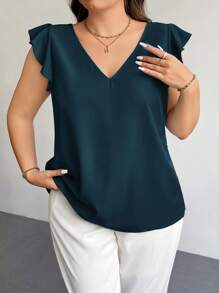 Firerie Plus Size Elegant Commuter Women's V-Neck Ruffle Cap Sleeve Red Festive Minimalist Summer Blouse, Teacher Summer Shirt Spring - Teal Blue - View 6