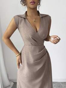 Chiquease Abito elegante da donna, minimalista, colore solido, con vita stretta e senza maniche, adatto per l'uso quotidiano - Caffè Marrone - Visualizzare 4