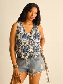 Freevana 大码女式植物印花单排扣休闲背心外套，波西米亚风、西部风、嬉皮风，露脐上衣，Y2K风格，可爱上衣，外出上衣，秋冬工作装，机场休闲装，露脐外套，端庄上衣，返校季，教师节，乡村音乐会，西部风，波西米亚风，颓废风，复古风，老钱风，冬季风，仙女风，秋季，大码宽松秋季款 - 彩色 - 查看 3