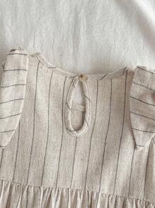 Loomiva Baby Girl Solid Color Round Neck Sleeveless Bodysuit With Bow Decor Baby Bodysuit Baby Summer Bodysuit Striped Baby Bodysuit Linen Baby Bodysuit - Apricot - View 7
