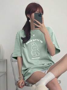 DAZY Camiseta casual de mujer con estampado de letra de dibujos animados, verano Pascua - Verde - Ver 2