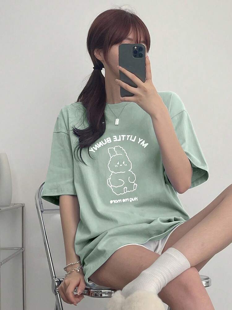 Women's Casual Cartoon Letter Print T-Shirt, Summer Easter