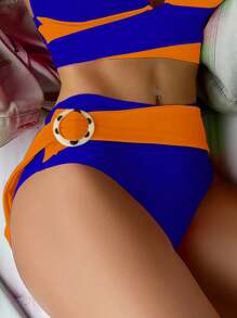 SHEIN Swim Women's Summer Beach Vacation Two-Tone Halter Bikini Set - Multicolor - View 3