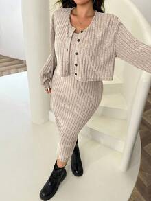 Solflare Plus Size Women New Autumn Ribbed Knit Drop Shoulder Front Button Jacket & Bodycon Mid-Length Dress Set Ribbed Two Piece Set - Apricot - View 1