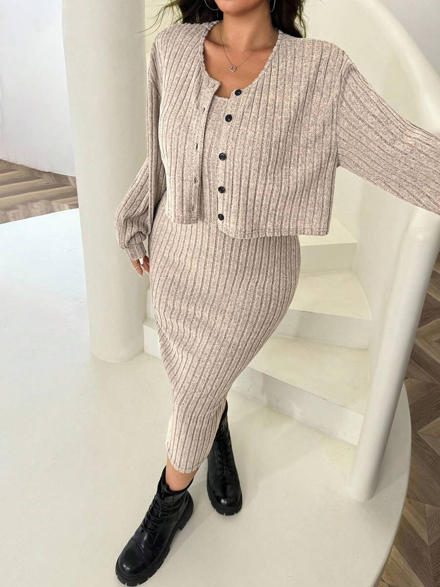 Solflare Plus Size Women New Autumn Ribbed Knit Drop Shoulder Front Button Jacket & Bodycon Mid-Length Dress Set Ribbed Two Piece Set - Apricot - View 1