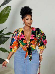 Maweii 大码热带印花泡泡袖休闲假日衬衫 - 黑色 - 查看 3