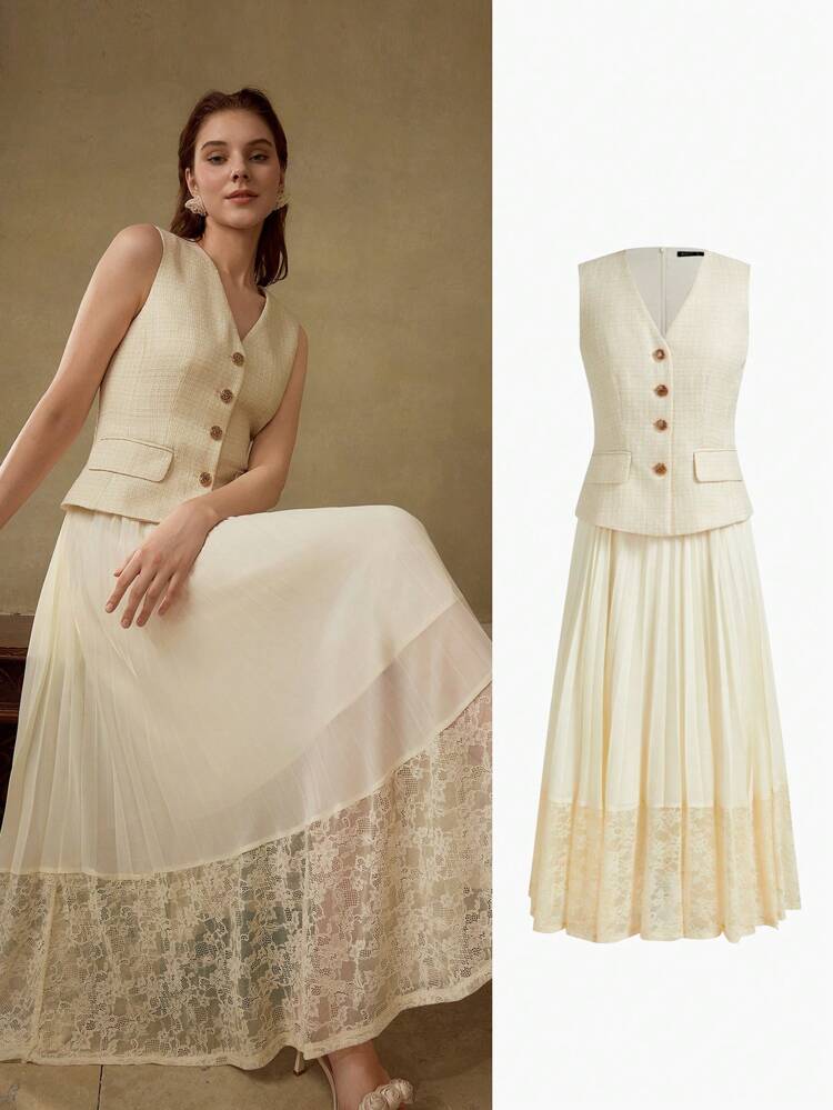 CONTRAST LACE PLEATED DRESS