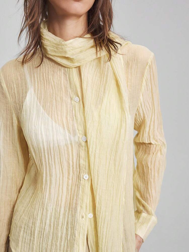 Minimalist Casual Women Blouse, Cream Yellow, Scarf Collar, Long Sleeve, Leisure Shirt, Daily Wear, Commuter Wear, Casual, Business Casual, New Collection 2025, Early Autumn Business Casual Office Low-Key Old Money Style Effortless Temperament High-End Urban Commuting Airport Material Elegant And Intellectual Female Wedding Guest And Beautiful French Slouchy High-End Sense Of Intelligence And Elegance Old Money