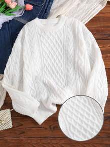 SHEIN كنزة صوفية كاجوال بياقة طاقم للبنات المراهقات، بتصميم كابل سميك مضفر - أبيض - مشاهدة 6