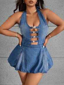 Jeanoix Plus Size Fashion Casual Open Back Halter Neck Mini Denim Dress - Medium Wash - View 3