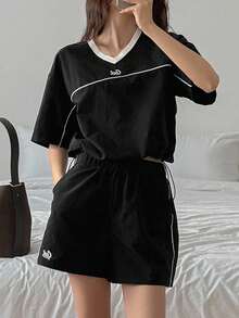 DAZY Damen Kontrast V-Ausschnitt Loose Zweiteiler Lässig anzug