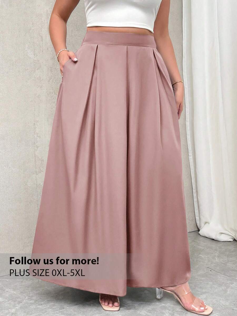 Firerie Falda larga plisada de talle alto en gris con bolsillos, cintura elástica, para otoño y vuelta al colegio, tallas grandes para mujer - Rosa vieja - Ver 1
