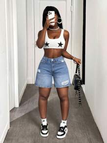 Slaydiva Women's High Waist Blue Ripped Casual Denim Shorts - Light Wash - View 5