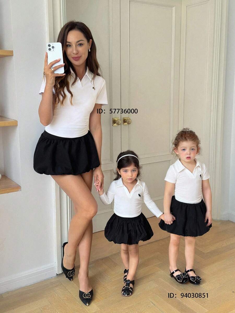 SHEIN Babygirl Cute Casual Versatile Long Sleeve Shirt And Elastic Waist Skirt Set, Mommy And Me Matching Outfits (2 Sets Sold Separately)