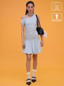 COUREZ Off Shoulder Ruched Bubble Hem Mini Dress /Winter Dress Winter Clothes For Women Vacation Outfits Y2K Sexy Cotton