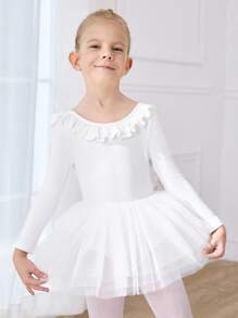 SHEIN Young Girls Ballet Dress, White Long Sleeve Girls Ballet Dancing Leotard With Lace Flutter Sleeve Fall Winter - White - View 3