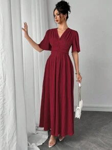 Modelyn Váy nữ tay ngắn cổ chữ V nhún eo, xuân/hè - Màu Đỏ Sâu - Xem 5