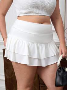 SHEIN Tall CURVE 夏季大码纯色多层休闲迷你裙 - 白色 - 查看 7