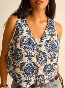 Freevana 大码女式植物印花单排扣休闲背心外套，波西米亚风、西部风、嬉皮风，露脐上衣，Y2K风格，可爱上衣，外出上衣，秋冬工作装，机场休闲装，露脐外套，端庄上衣，返校季，教师节，乡村音乐会，西部风，波西米亚风，颓废风，复古风，老钱风，冬季风，仙女风，秋季，大码宽松秋季款 - 彩色 - 查看 4