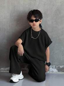 Tween Boy 休闲韩版宽松纯黑色背心和裤子套装，通勤、上学、日常休闲、运动皆宜，适合春夏季、度假 - 黑色 - 查看 4