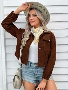 SHEIN LUNE Flap Pocket Bishop Sleeve Corduroy Jacket In Fall/Winter,Casual - Chocolate Brown - View 3