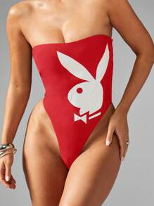Missguided x Playboy MISSGUIDED Traje de baño de una pieza con corte alto y estilo retro navideño, con estampado de icono de conejito, corte alto en los muslos y sin tirantes, para playa, piscina y fiestas de verano