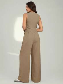 SHEIN Tall 女士休闲纯色背心和裤子套装，秋冬夏季 - 卡其色 - 查看 2