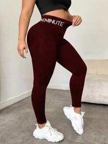 Slayform Women's Plus Size Burgundy Skinny High-Waist Leggings With Letter Detail For Workouts Tummy Control Leggings Plus Size Gym Leggings High Waist Compression Leggings Workout Leggings For Women Gym Leggings Plus Size Tummy Control Yoga Pants - Burgundy - View 5