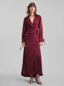 Ontre 2025新款秋季女装酒红色长袖系带领V领收腰宽松休闲通勤商务中长连衣裙，女士商务休闲连衣裙，女士优雅装 - 酒紅色 - 查看 2