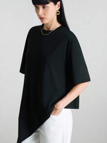 Ontre 2025 年夏季新款超大码黑色圆领短袖 T 恤，女士休闲日常针织 T 恤，度假 - 黑色 - 查看 5