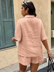 Calvaya Set de 2 piezas Chaqueta y pantalones cortos monocromáticos con cuello chal y manga corta de talla grande para mujer - Rosa coral - Ver 2