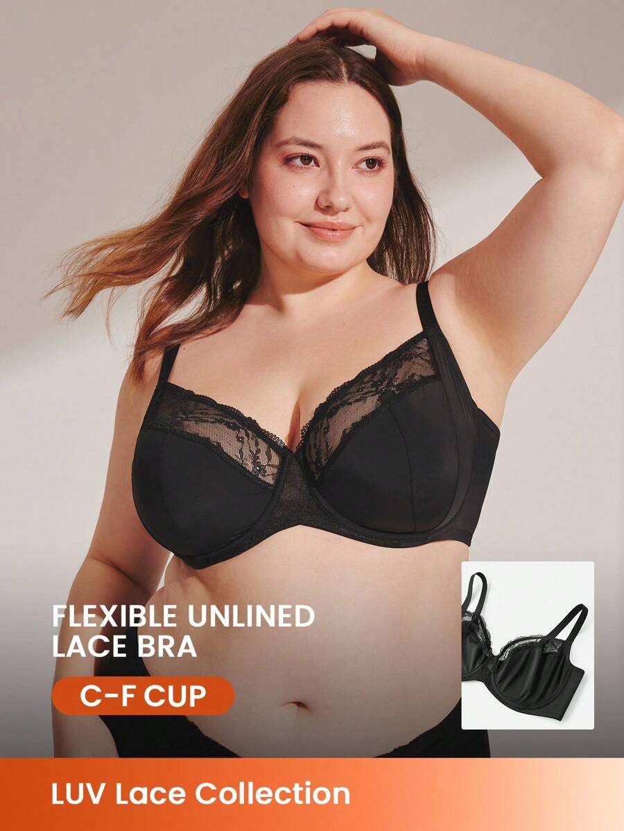 LUVLETTE Plus Pełne pokrycie, wsparcie, oddychająca siateczka na fiszbinach, koronka, elegancki czarny biustonosz typu minimizer, seksowna bielizna - Czarne - Zobacz 1