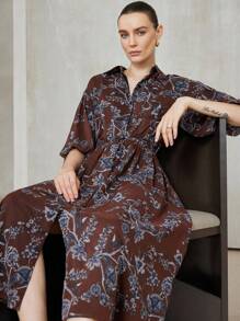 Aveloria Modichic 女士翻领短袖前扣长款花卉印花连衣裙，初秋 - 彩色 - 查看 3