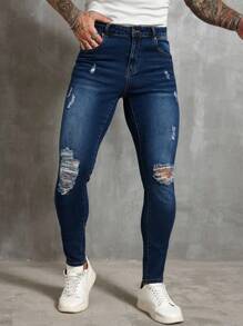 Manfinity Homme Men's Casual Daily Washed Distressed Slim Fit Straight Leg Jeans With Slant Pockets - Medium Wash - View 3