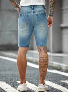 Manfinity LEGND 男士夏季休闲水洗斜口袋磨破牛仔短裤 - 淺色水洗藍 - 查看 2
