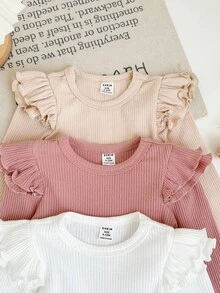 SHEIN LMoss Kids 年轻女孩纯色圆领荷叶边长袖休闲T恤