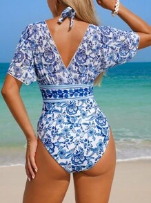 Swim Lushoire Women's Blue & White Chinoiserie Boho Mesh Tummy Control One-Piece Swimsuit For Summer Beach Vacation - Multicolor - View 2