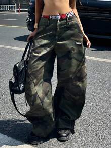 Coolane Women's & Men's Summer Western Wear Cowgirl Streetwear Concert Y2K Forest Camo Baggy Low Rise Pants - Army Green - View 5