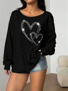 INAWLY Hjärtmönster med diamantmönster och långärmad axelbandslös grafik för kvinnor - Svart - Visa 4