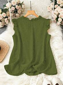 EMERY ROSE Blusa de talla grande para mujer de verano en unicolor con escote en V, adorno de volantes y mangas cortas - Verde militar - Ver 2