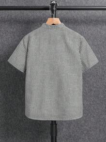 SHEIN 青少年男孩休闲条纹领衬衫，适合上学、通勤、运动，适合春夏季 - 黑色 - 查看 3