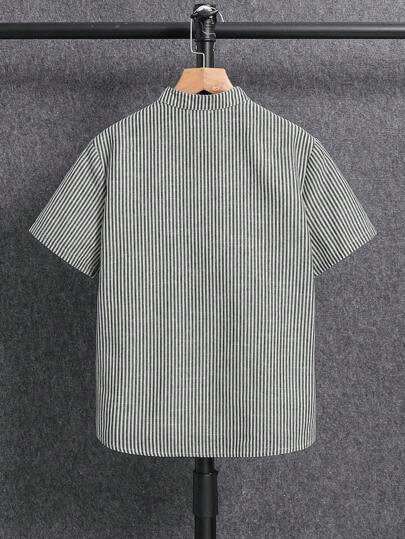 SHEIN 青少年男孩休闲条纹领衬衫，适合上学、通勤、运动，适合春夏季