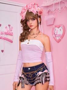 ROMWE J-Fashion Sexy Vintage Millennium Y2K Style Striped Sleeve Crop Top For Women - Pink - View 4